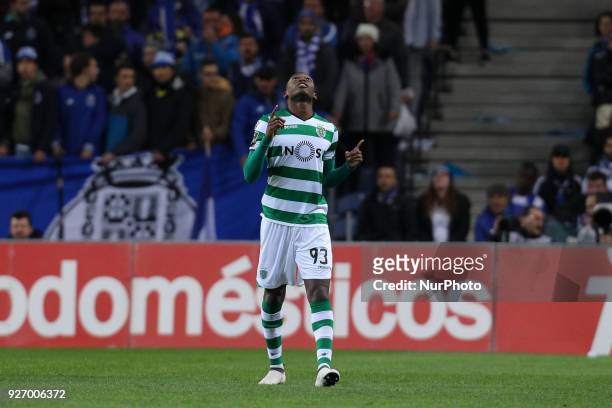 Sporting's Portuguese forward Rafael Leao celebrates after scoring a goal during the Premier League 2017/18, match between FC Porto and Sporting CP,...
