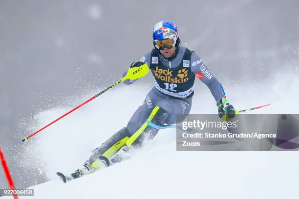 Alexis Pinturault of France competes during the Audi FIS Alpine Ski World Cup Men's Slalom on March 4, 2018 in Kranjska Gora, Slovenia.