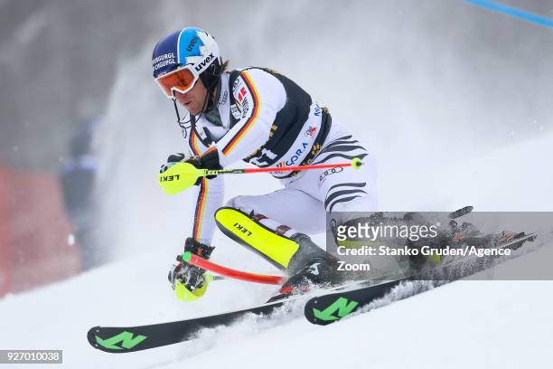 Fritz Dopfer of Germany competes during the Audi FIS Alpine Ski World Cup Men's Slalom on March 4, 2018 in Kranjska Gora, Slovenia.