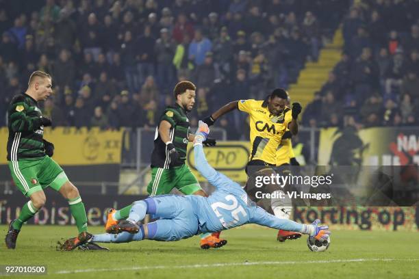 Sven van Beek of Feyenoord, Tonny Vilhena of Feyenoord, keeper Brad Jones of Feyenoord, Sadiq Umar of NAC Breda, during the Dutch Eredivisie match...