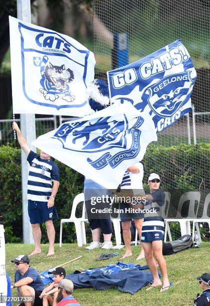 Cats fans show thier support during the AFL JLT Community Series match between the Geelong Cats and the Gold Coast Suns at Riverway Stadium on March...