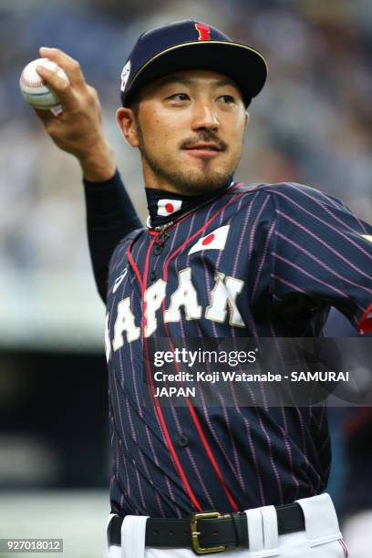Ryosuke Kikuchi in action during the game two of the baseball international match between Japan and Australia at the Kyocera Dome Osaka on March 4,...
