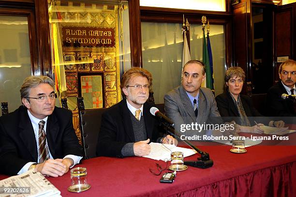 Second from left Ivano Dionigi, professor of Latin language and literature, is the new chancellor of the University of Bologna. Here during the press...