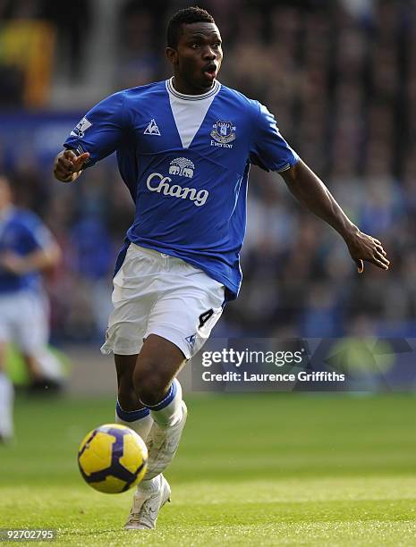 Joseph Yobo of Everton in actionn during the Barclays Premier League match between Everton and Aston Villa at Goodison Park on October 31, 2009 in...