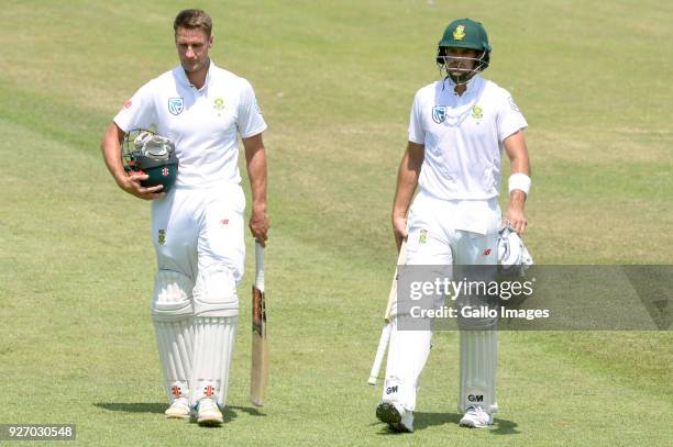 Theunis de Bruyn and Aiden Markram of the Proteas during day 4 of the 1st Sunfoil Test match between South Africa and Australia at Sahara Stadium...