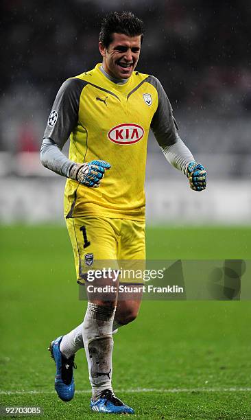 Cedric Carrasso of Bordeaux celebrates during the UEFA Champions League Group A match between FC Bayern Muenchen and Bordeaux at Allianz Arena on...