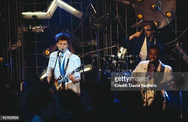 Scottish rock group Big Country, performing at Montreux, Switzerland, 1986. Left to right: Stuart Adamson , Mark Brzezicki and Tony Butler.