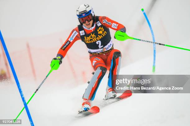 Henrik Kristoffersen of Norway competes during the Audi FIS Alpine Ski World Cup Men's Slalom on March 4, 2018 in Kranjska Gora, Slovenia.