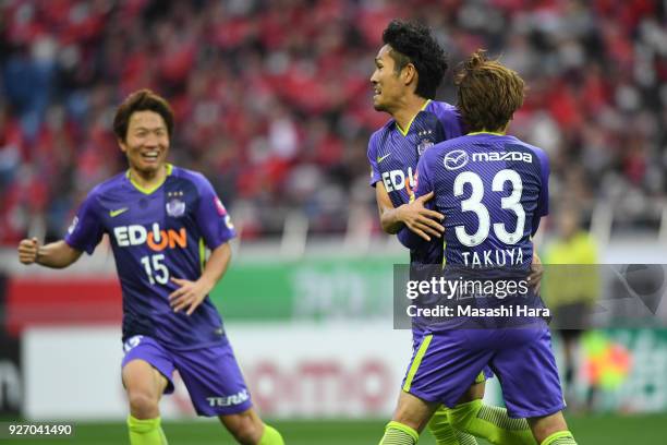 Kosei Shibasaki of Sanfrecce Hiroshima celebrates the first goal during the J.League J1 match between Urawa Red Diamonds and Sanfrecce Hiroshima at...