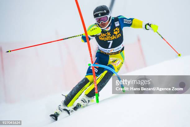 Andre Myhrer of Sweden competes during the Audi FIS Alpine Ski World Cup Men's Slalom on March 4, 2018 in Kranjska Gora, Slovenia.