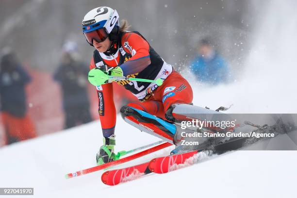 Henrik Kristoffersen of Norway competes during the Audi FIS Alpine Ski World Cup Men's Slalom on March 4, 2018 in Kranjska Gora, Slovenia.