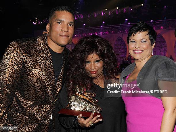 Centric Executive Vice President and General Manager Paxton Baker , Chaka Kahn, and BET Chairman & CEO Debra Lee backstage at the 2009 Soul Train...