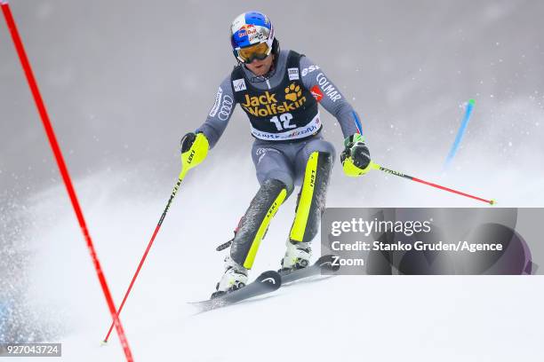 Alexis Pinturault of France competes during the Audi FIS Alpine Ski World Cup Men's Slalom on March 4, 2018 in Kranjska Gora, Slovenia.