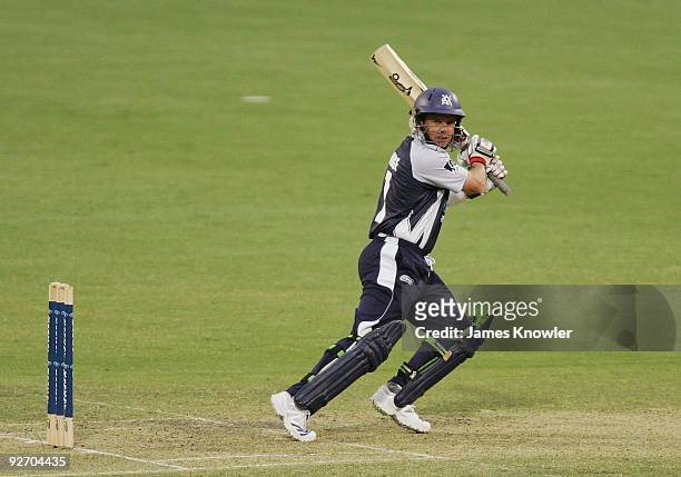 Brad Hodge of the Bushrangers bats during the Ford Ranger Cup match between the South Australian Redbacks and the Victorian Bushrangers at Adelaide...