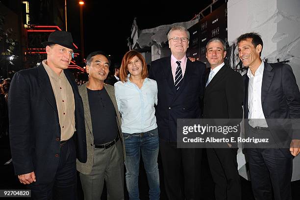 Actor Woody Harrelson, Sony's Hiroshi Yoshioka, Sony's Amy Pascal, Sony's Sir Howard Stringer, Sony's Matt Tolmach and Sony's Michael Lynton arrive...