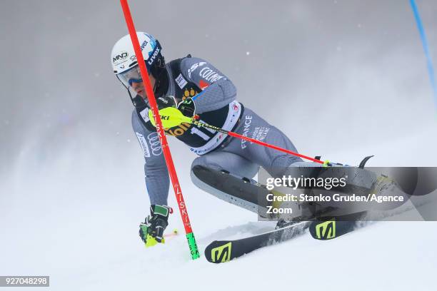 Victor Muffat-jeandet of France competes during the Audi FIS Alpine Ski World Cup Men's Slalom on March 4, 2018 in Kranjska Gora, Slovenia.