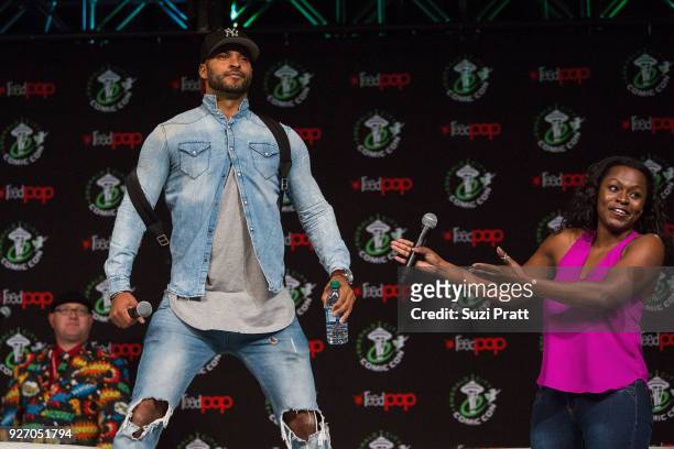 Actor Ricky Whittle and actress Yetide Badaki of TV show American Gods speaks at Emerald City Comic Con at Washington State Convention Center on...