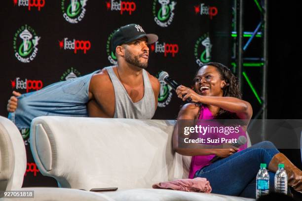 Actor Ricky Whittle and actress Yetide Badaki of TV show American Gods speaks at Emerald City Comic Con at Washington State Convention Center on...