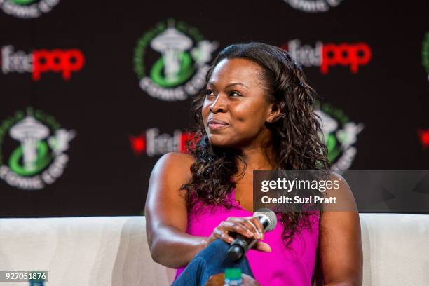 Actress Yetide Badaki of TV show American Gods speaks at Emerald City Comic Con at Washington State Convention Center on March 3, 2018 in Seattle,...