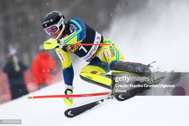 Andre Myhrer of Sweden competes during the Audi FIS Alpine Ski World Cup Men's Slalom on March 4, 2018 in Kranjska Gora, Slovenia.