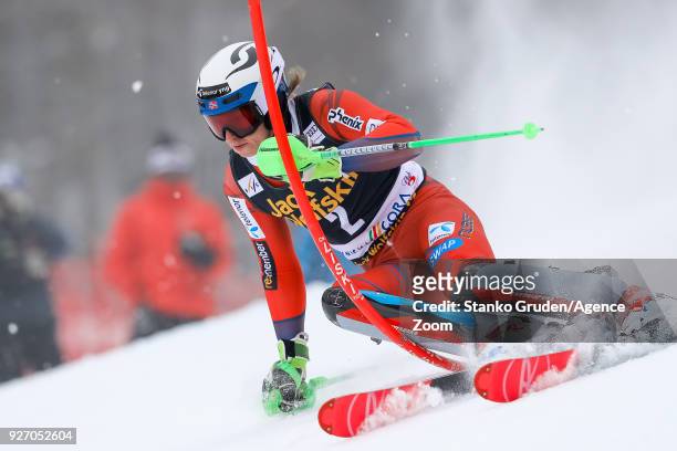 Henrik Kristoffersen of Norway competes during the Audi FIS Alpine Ski World Cup Men's Slalom on March 4, 2018 in Kranjska Gora, Slovenia.