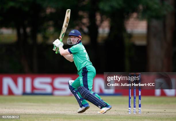 Niall O'Brien of Ireland scores runs during the ICC Cricket World Cup Qualifier between Ireland and The Netherlands at The Old Hararians Ground on...