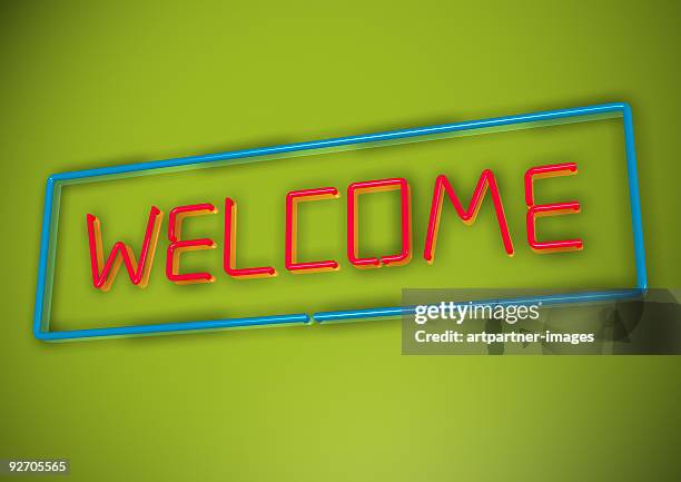 welcome sign in ashop, hotel, restaurant or bar - panneau de bienvenue photos et images de collection