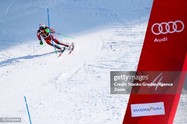 Henrik Kristoffersen of Norway competes during the Audi FIS Alpine Ski World Cup Men's Slalom on March 4, 2018 in Kranjska Gora, Slovenia.