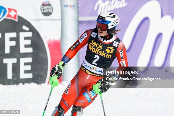 Henrik Kristoffersen of Norway takes 2nd place during the Audi FIS Alpine Ski World Cup Men's Slalom on March 4, 2018 in Kranjska Gora, Slovenia.