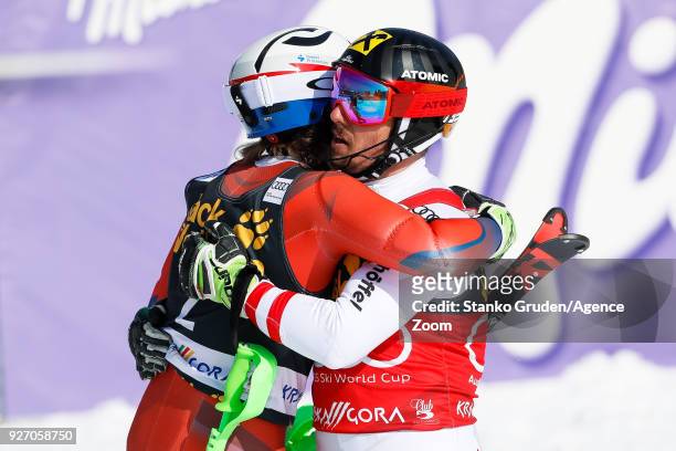Henrik Kristoffersen of Norway takes 2nd place, Marcel Hirscher of Austria takes 1st place during the Audi FIS Alpine Ski World Cup Men's Slalom on...