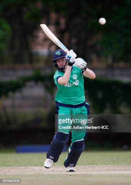 George Dockrell of Ireland hits out during the ICC Cricket World Cup Qualifier between Ireland and The Netherlands at The Old Hararians Ground on...