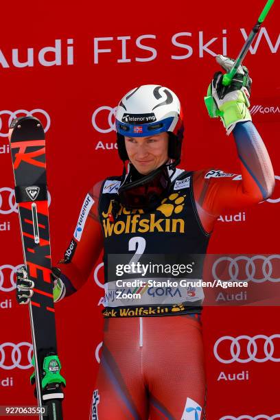 Henrik Kristoffersen of Norway takes 2nd place during the Audi FIS Alpine Ski World Cup Men's Slalom on March 4, 2018 in Kranjska Gora, Slovenia.