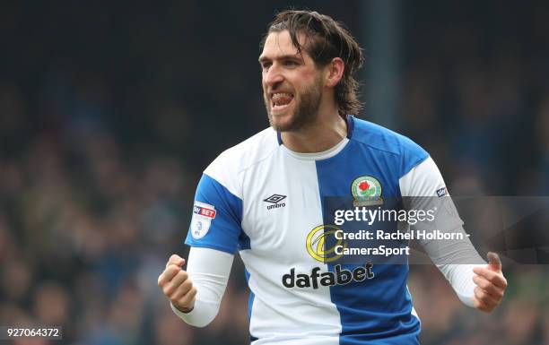 Blackburn Rovers' Danny Graham celebrates as the second goal goes in during the Sky Bet League One match between Blackburn Rovers and Wigan Athletic...