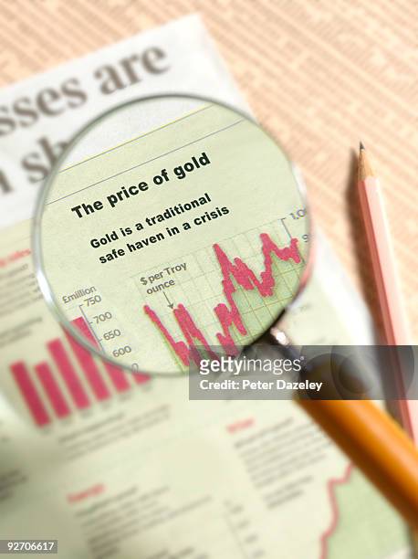 the price of gold under magnifying glass. - magnifying glass newspaper watching finance stock market and exchange stock pictures, royalty-free photos & images