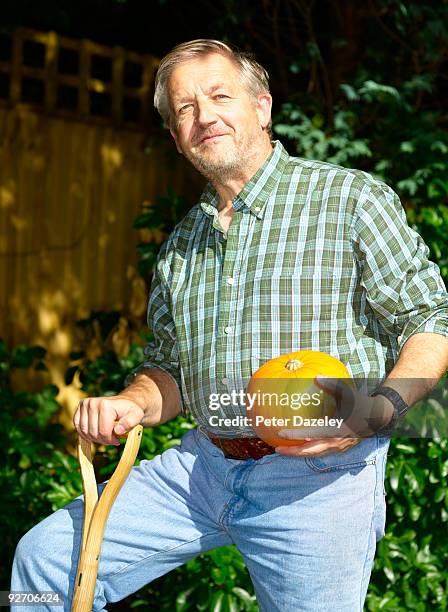 mature gardener with pumpkin. - beed stock pictures, royalty-free photos & images