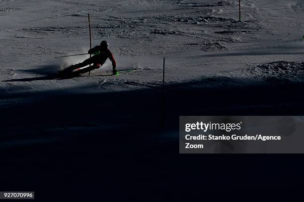 Henrik Kristoffersen of Norway takes 2nd place during the Audi FIS Alpine Ski World Cup Men's Slalom on March 4, 2018 in Kranjska Gora, Slovenia.