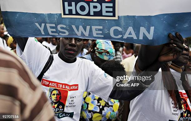 Kenyans hold a procession on November 4, 2009 on the sidelines of the fifth Multilateral Initiative on Malaria conference in the Kenyan capital...