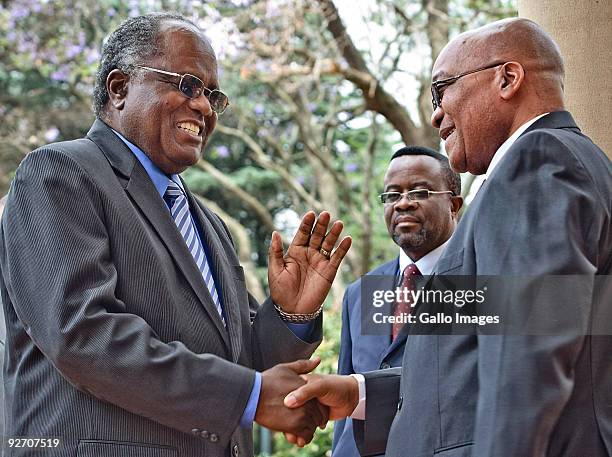 President Jacob Zuma receives his Namibian counterpart, President Hifikepunye Pohamba at the Presidential Guesthouse on November 3, 2009 in Pretoria,...