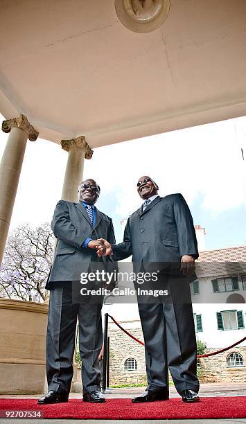 President Jacob Zuma receives his Namibian counterpart, President Hifikepunye Pohamba at the Presidential Guesthouse on November 3, 2009 in Pretoria,...