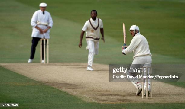 England batsman Graham Gooch plays a ball from Malcolm Marshall during his innings of 154 not out on the fourth day of the 1st Test match between...