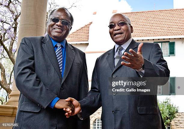 President Jacob Zuma receives his Namibian counterpart, President Hifikepunye Pohamba at the Presidential Guesthouse on November 3, 2009 in Pretoria,...