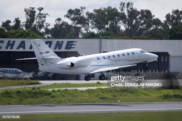 Brazil and Paris Saint-Germain superstar Neymar departures on his private plane after a successful operation on his broken foot, at Pampulha Airport...