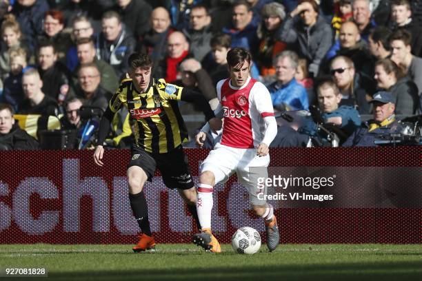 Mason Mount of Vitesse, Nico Tagliafico of Ajax during the Dutch Eredivisie match between Vitesse Arnhem and Ajax Amsterdam at Gelredome on March 04,...