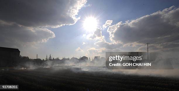 Smoke rises from fields after a burn off to produce nutrients, as farmers prepare to plant the next crop at the Qigang village in Pudong district, a...