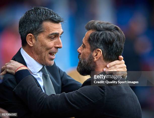 Levante UD manager Juan Ramon Lopez Muniz and Enrique Sanchez Flores, Manager of RCD Espanyol prior the La Liga match between Levante and Espanyol at...