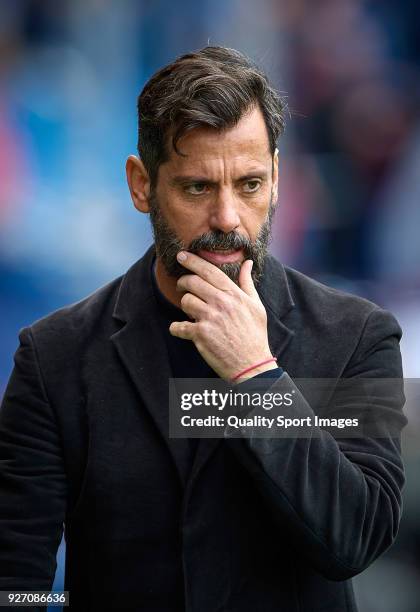 Enrique Sanchez Flores, Manager of RCD Espanyol looks on prior the La Liga match between Levante and Espanyol at Ciutat de Valencia Stadium on March...