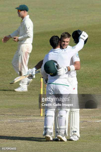 Aiden Markram celebrates his 100 run during with Quinton de Kock of the Proteas day 4 of the 1st Sunfoil Test match between South Africa and...
