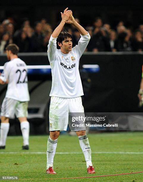 Ricardo Kaka of Real Madrid greets his forer fans of AC Milan after the UEFA Champions League group C match between AC Milan and Real Madrid at the...