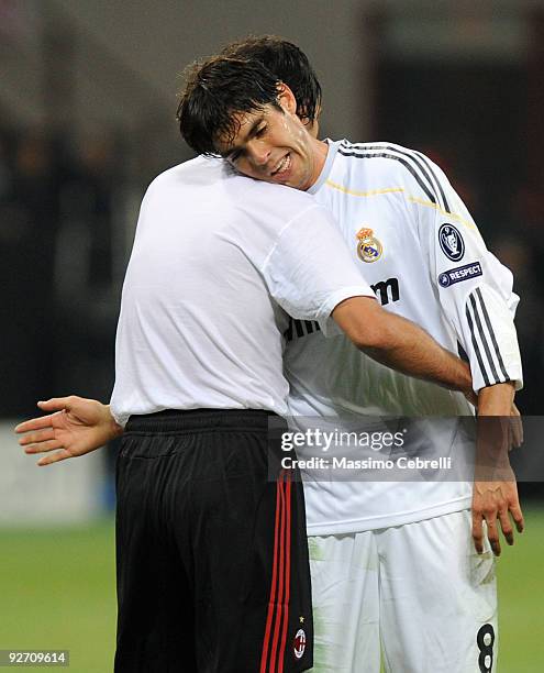 Alessandro Nesta of AC Milan hugs Ricardo Kaka of Real Madrid after the UEFA Champions League group C match between AC Milan and Real Madrid at the...
