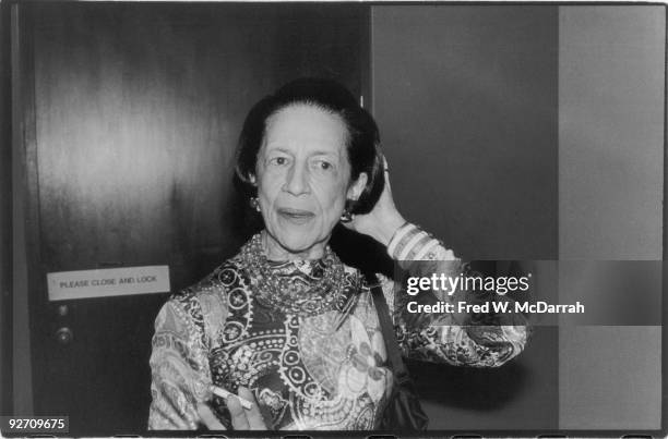 Portrait of French-born American fashion editor Diana Vreeland as she attends the 'American Women of Art' exhibit at the Metropolitan Museum of Art,...